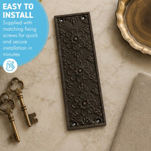 Load image into Gallery viewer, The Ellerker – Hand-Cast Ornate Finger Plate in Antique Iron