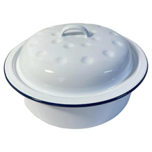 Load image into Gallery viewer, ENAMEL WHITE ROUND ROASTER with BLUE RIM | Roasting tin with lid | Enamel pot | Cooking tins| Roasters | Enamelware | 20cm (Diam) x 8.5cm (Deep)
