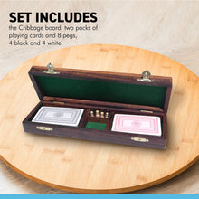 Load image into Gallery viewer, Wooden cribbage board with pegs and two packs of playing cards