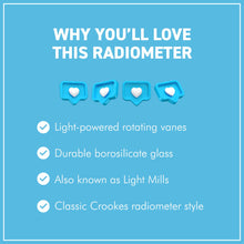 Load image into Gallery viewer, 16cm high Solar Radiometer | 4 Blades rotating glass windmill Crookes solar radiometer |Measures Radiant Flux of Electromagnetic Radiation | desk ornament | weather station | light mill