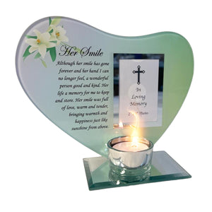 HER SMILE GLASS MEMORIAL CANDLE HOLDER AND PHOTO FRAME | thinking of you gifts | Mum memorial gift | memory gifts for Mother, Mum, Mom, Grandmother, Granny