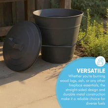 Load image into Gallery viewer, 𝗠𝗔𝗧𝗧 𝗕𝗟𝗔𝗖𝗞 𝟭𝟮" 𝗔𝗦𝗛 𝗕𝗨𝗖𝗞𝗘𝗧 𝗪𝗜𝗧𝗛 𝗟𝗜𝗗 | 𝗛𝟯𝟲𝗖𝗠 𝗫 𝗗𝗜𝗔. 𝟮𝟴𝗖𝗠 | Coal & Ash Storage Bucket with Handle | Heat-Resistant Metal Fireside Accessory for Fireplace | Log Burner | Stove or Fire Pit | Ash Collection