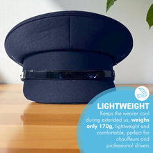 Load image into Gallery viewer, Size 58cm | Medium Navy Blue Chauffeur Style Peaked Cap | Traditional style ideal for weddings, school proms and special events| Driving Cap | UK size 7 1/8  | US size 7 1/4
