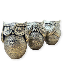 Load image into Gallery viewer, Set of three 13 cm (H) Golden Owl Figurines – Hear No Evil, See No Evil, Speak No Evil - Polystone Collectible Ornaments for Home Decor