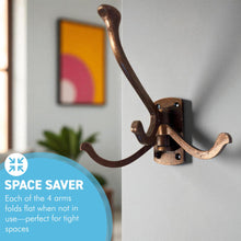 Load image into Gallery viewer, Four-way Folding Coat Hook | Antique Copper Swivel Hook | | Wall mounted for bathroom, kitchen, bedroom | Captains hook | independently swiveling arms | Versatile and elegant