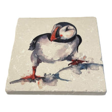 Load image into Gallery viewer, CURIOUS PUFFIN STONE COASTER | Stone Coasters | Animal novelty gift | Coaster for glass, mugs and cups| Square coaster for drinks | Puffin gift | Meg Hawkins art | 10cm x 10cm