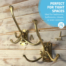 Load image into Gallery viewer, Set of Two Polished Brass 𝟯-𝗣𝗥𝗢𝗡𝗚 𝗦𝗪𝗜𝗩𝗘𝗟 𝗖𝗢𝗔𝗧 𝗛𝗢𝗢𝗞𝗦, Folding Wall Mount Hanger with Screws Included