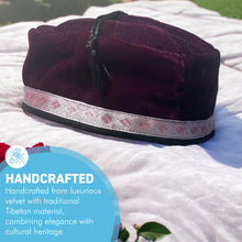 Load image into Gallery viewer, Size 57cm, medium, Handmade Nepalese deep purple velvet Smoking Cap with traditional Tibetan design, lightweight, stylish design
