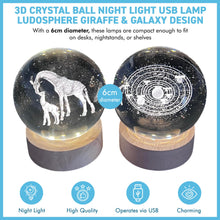 Load image into Gallery viewer, Set of Two 3D Crystal Ball Night Light USB Lamp with Galaxy and Giraffe designs, elegant modern illumination for any room
