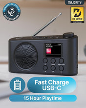 Load image into Gallery viewer, 𝗥𝗘𝗙𝗨𝗥𝗕𝗜𝗦𝗛𝗘𝗗 𝗣𝗢𝗥𝗧𝗔𝗕𝗟𝗘 𝗗𝗔𝗕 𝗗𝗜𝗚𝗜𝗧𝗔𝗟 𝗥𝗔𝗗𝗜𝗢 with Bluetooth | USB-C Rechargeable Battery Powered | 40 Presets, Dual Alarm & BestTune | LED Display & Headphone Jack | Small Kitchen & Travel Radio | Majority Orwell Pro