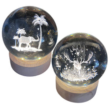 Load image into Gallery viewer, Set of Two 3D Crystal Ball Night Light USB Lamp with Reindeer and Elephant designs, elegant modern illumination for any room