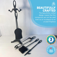 Load image into Gallery viewer, Metal matt black turn-handled 5-piece fireside companion set | Fire companion sets | includes stand, brush, tongs, poker, and shovel | 47cm high | wood burner set | Fireside tools accessories | Fire set
