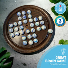 Load image into Gallery viewer, 30cm Diameter WOODEN SOLITAIRE BOARD GAME with JELLYFISH GLASS MARBLES | classic wooden solitaire game | strategy board game | family board game | games for one | board games