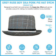 Load image into Gallery viewer, Grey rude boy ska pork pie hat, Size 59cm, Large, Unisex pork pie hat, Fedora trilby pork pie style