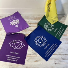 Load image into Gallery viewer, 7 Chakra bunting flags On A String With Affirmation 19 x 25 centimetres and are strung together on a 155-centimeter-long string