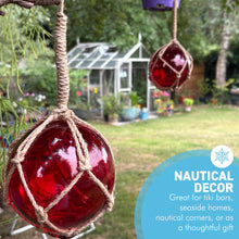 Load image into Gallery viewer, TWO DEEP RED GLASS FISHING FLOAT ORNAMENTAL SEA BUOY | hand blown | nautical seafaring fishing rustic décor | 10cm diameter | with rustic brown string netting and hanging loop | Japanese style glass fishing floats