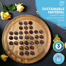 Load image into Gallery viewer, 30cm Diameter WOODEN SOLITAIRE BOARD GAME with FUNFAIR GLASS MARBLES | classic wooden solitaire game | strategy board game | family board game | games for one | board games