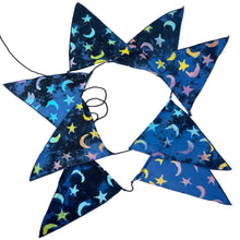 Load image into Gallery viewer, MYSTIC SKY BUNTING | Fabric Bunting | Reusable Decorations | Stars and Moons | Blue Bunting | Party decorations | Eco Decorations
