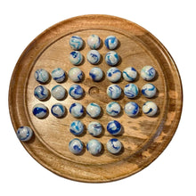 Load image into Gallery viewer, 30cm Diameter WOODEN SOLITAIRE BOARD GAME with JELLYFISH GLASS MARBLES | classic wooden solitaire game | strategy board game | family board game | games for one | board games