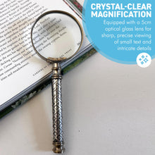 Load image into Gallery viewer, Vintage Silver Handheld Magnifier with woven lattice pattern handle, perfect for reading and precision tasks