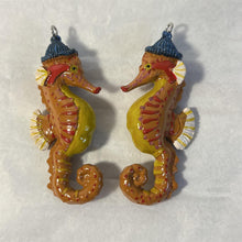 Load image into Gallery viewer, Pair of ceramic cute bobble hat Seahorse hanging ornaments | Light Pulls | Nautical Theme ceramic Cord Pull Light Pulls