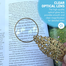 Load image into Gallery viewer, Petite Magnifying Glass with gold handle in leaf pattern, ideal for reading, precision work, crafting.