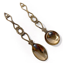 Load image into Gallery viewer, Set of 2 brass Love Spoons, decorative wedding tokens, rustic altar spoons, country kitchen decor, perfect housewarming gift