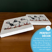 Load image into Gallery viewer, Two Puffin Stone Coasters with watercolour illustration, Decorative Wildlife Coasters, British artist, Meg Hawkins