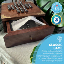 Load image into Gallery viewer, Handmade compact wooden classic solitaire game with stainless steel balls | 13cm x 13cm with storage draw | Travel game