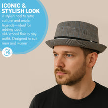 Load image into Gallery viewer, Grey rude boy ska pork pie hat, Size 61cm, X Large, Unisex pork pie hat, Fedora trilby pork pie style