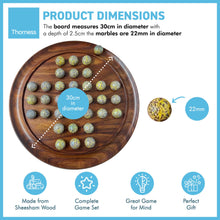 Load image into Gallery viewer, 30cm Diameter WOODEN SOLITAIRE BOARD GAME with SPECKLED GOLDEN SPINOSAURUS GLASS MARBLES | |classic wooden solitaire game | strategy board game | family board game | games for one | board games