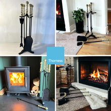 Load image into Gallery viewer, Large brass handled metal 5-piece fireside companion set | Fire companion sets | includes stand, brush, tongs, poker, and shovel | 61cm high | Wood burner set | Fireside tools accessories