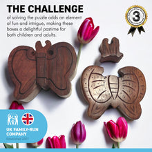 Load image into Gallery viewer, 4-piece Butterfly Wooden Puzzle Box | Wooden Butterfly Puzzle Box | Handmade wooden puzzle box | Handmade Wooden trinket secrets Box | Sustainable Shesham wooden hand carved box | 12cm (w) x 5cm (h)