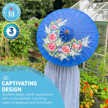 Load image into Gallery viewer, FLORAL OILED PAPER SUNSHADE PARASOL | Sun Protection | Wedding Accessories | UV Protection | Pink and Blue Flowers | Butterflies| Blue