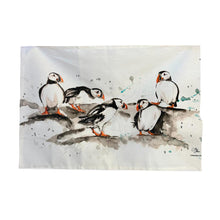 Load image into Gallery viewer, Puffin Tea Towel | 100% Cotton | Large kitchen towel for drying| Hand towel with group of Puffins | Puffin themed gift | Beach Gift | Cotton tea towel | 70 cm x 50 cm
