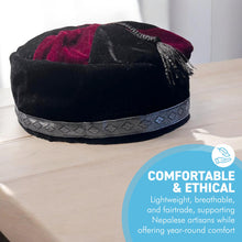 Load image into Gallery viewer, Size 56cm, small, Handmade Nepalese Burgundy Red and Black velvet Smoking Cap with traditional Tibetan design, lightweight, stylish design