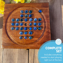 Load image into Gallery viewer, Wooden Solitaire with Drawer for Traditonal Blue Marbles | Travel Games | Strategic & Traditional Games | Perfect for Adults & Family Fun