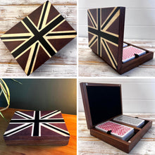 Load image into Gallery viewer, Hand Carved Sheesham Wood Union Jack Card Box,  Premium Storage Case with Green Baize Lining & 2 Decks of Playing Cards