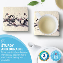 Load image into Gallery viewer, 2 x PUFFIN STONE COASTERS | Stone Coasters | Animal novelty gift | Coaster for glass, mugs and cups| Square coaster for drinks | Puffin gift | Meg Hawkins art | 10cm x 10cm