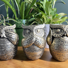 Load image into Gallery viewer, Set of three 13 cm (H) Golden Owl Figurines – Hear No Evil, See No Evil, Speak No Evil - Polystone Collectible Ornaments for Home Decor