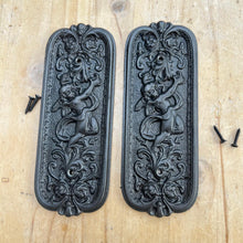 Load image into Gallery viewer, Set of Two Antique style Rustic Cast Iron Door Push Plates with Ornate Cherub Design - Vintage Finger Plate Decor