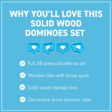 Load image into Gallery viewer, Solid Wood Dominoes Set with Brass Inlay Storage Box - 28 Tiles with Brass Spots and a Hinged Lid