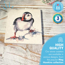 Load image into Gallery viewer, CURIOUS PUFFIN STONE COASTER | Stone Coasters | Animal novelty gift | Coaster for glass, mugs and cups| Square coaster for drinks | Puffin gift | Meg Hawkins art | 10cm x 10cm