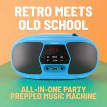 Load image into Gallery viewer, BX200 Portable CD Player Boombox | Bluetooth, FM Radio, USB & Aux Playback | 2.0 Stereo Sound | 15hr Battery Playtime | Headphone Jack, Simple Controls, LED Display, Oakcastle, Blue.
