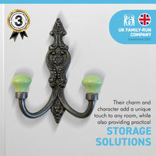 Load image into Gallery viewer, CAST IRON FRENCH STYLE DOUBLE ORNATE HOOKS | Lime green Ceramic Ball Tops | Cloakroom Hook | Decorative Double Hook, hat and coat hook | 15cm x 11cm.