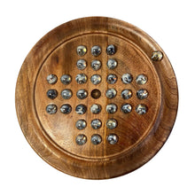 Load image into Gallery viewer, 22cm Diameter wooden SOLITAIRE BOARD GAME with CLEAR POLAR SWIRL GLASS MARBLES | classic wooden solitaire game | strategy board game | family board game | games for one | board games