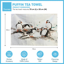 Load image into Gallery viewer, Puffin Tea Towel | 100% Cotton | Large kitchen towel for drying| Hand towel with group of Puffins | Puffin themed gift | Beach Gift | Cotton tea towel | 70 cm x 50 cm
