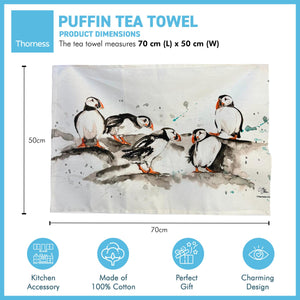 Puffin Tea Towel | 100% Cotton | Large kitchen towel for drying| Hand towel with group of Puffins | Puffin themed gift | Beach Gift | Cotton tea towel | 70 cm x 50 cm