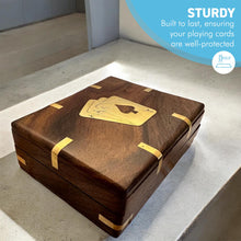Load image into Gallery viewer, Elegant Black Wooden Playing Card Box with Brass Accents - Handcrafted Single Deck Storage