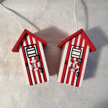 Load image into Gallery viewer, Set of 2 Red and white beach hut light pulls| Nautical Theme Wooden Beach Hut Cord Pull Light Pulls